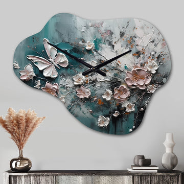 Flowers With Butterflies Painting I - Asymmetric Metal Wall Clock